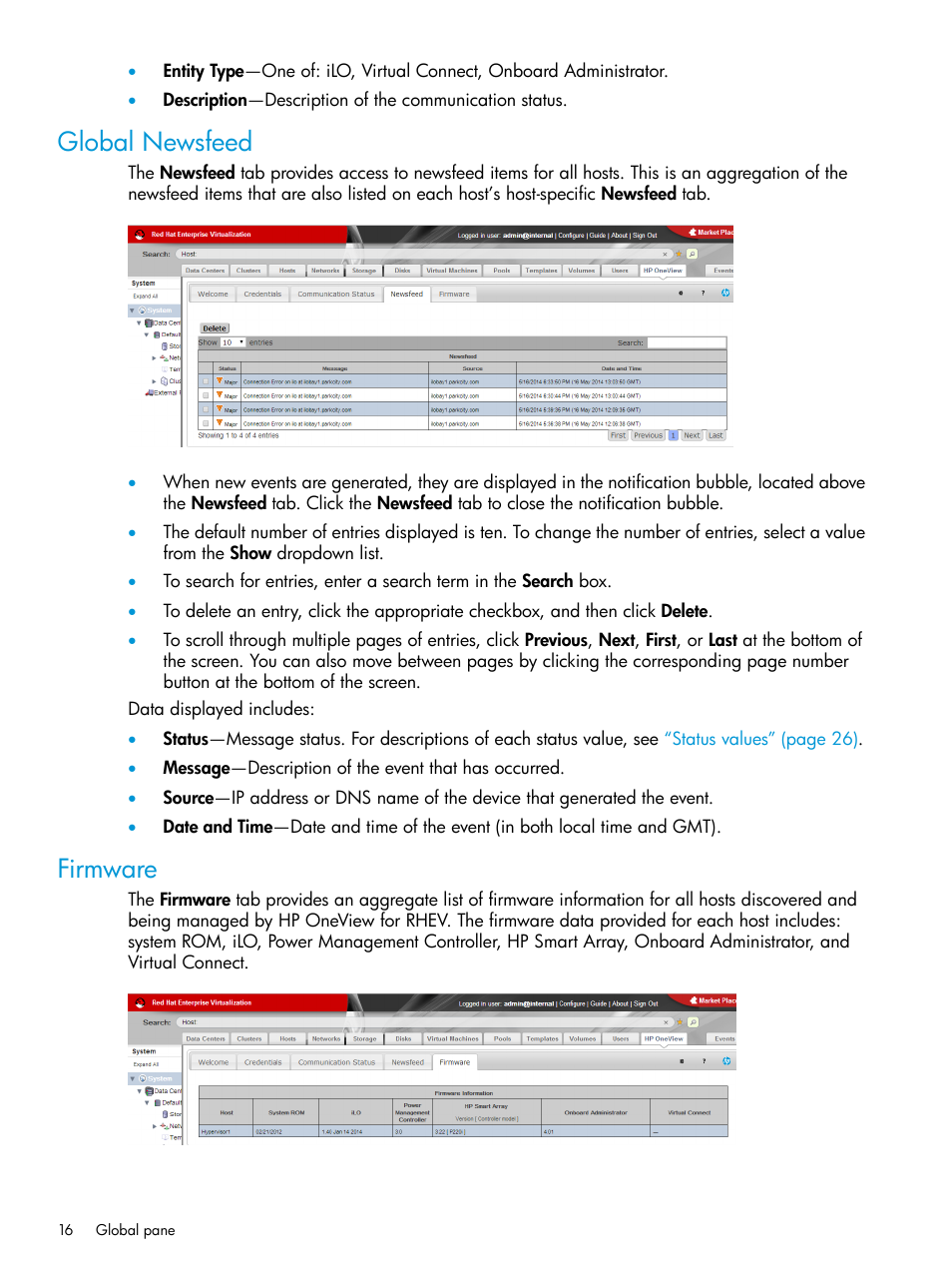 Global newsfeed, Firmware, Global newsfeed firmware | HP OneView for Red Hat Enterprise Virtualization User Manual | Page 16 / 45