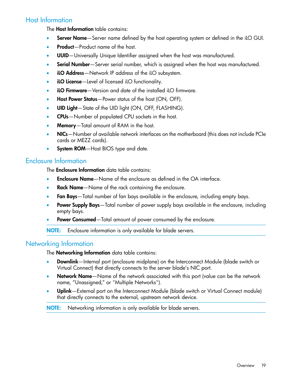 Host information, Enclosure information, Networking information | HP OneView for Red Hat Enterprise Virtualization User Manual | Page 19 / 45