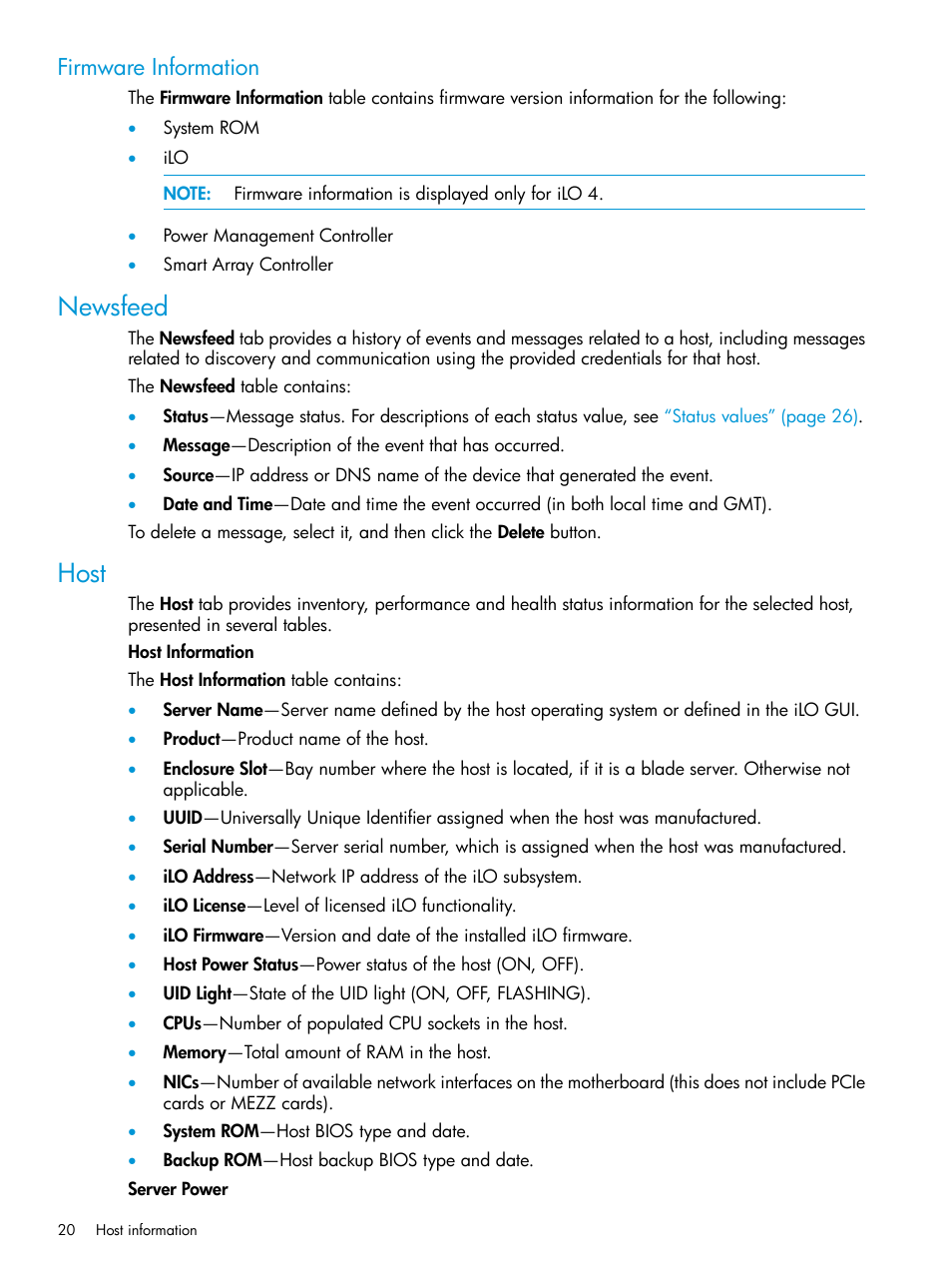 Firmware information, Newsfeed, Host | Newsfeed host | HP OneView for Red Hat Enterprise Virtualization User Manual | Page 20 / 45