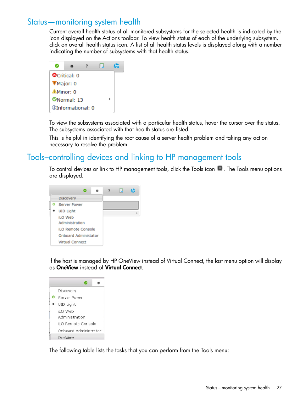 Status—monitoring system health | HP OneView for Red Hat Enterprise Virtualization User Manual | Page 27 / 45