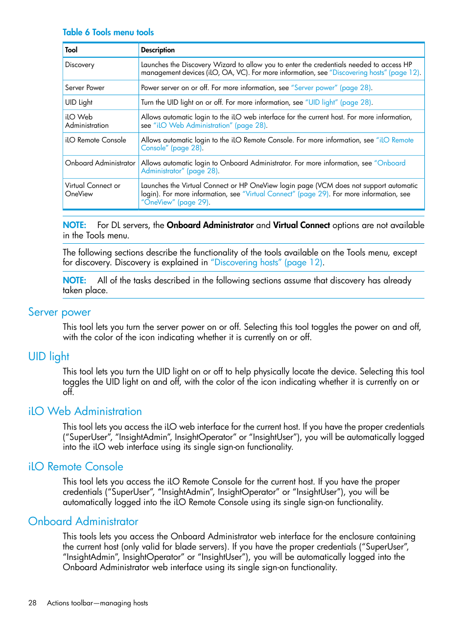 Server power, Uid light, Ilo web administration | Ilo remote console, Onboard administrator | HP OneView for Red Hat Enterprise Virtualization User Manual | Page 28 / 45