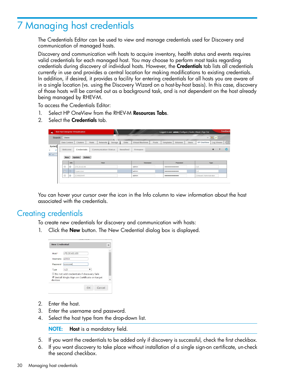 7 managing host credentials, Creating credentials | HP OneView for Red Hat Enterprise Virtualization User Manual | Page 30 / 45