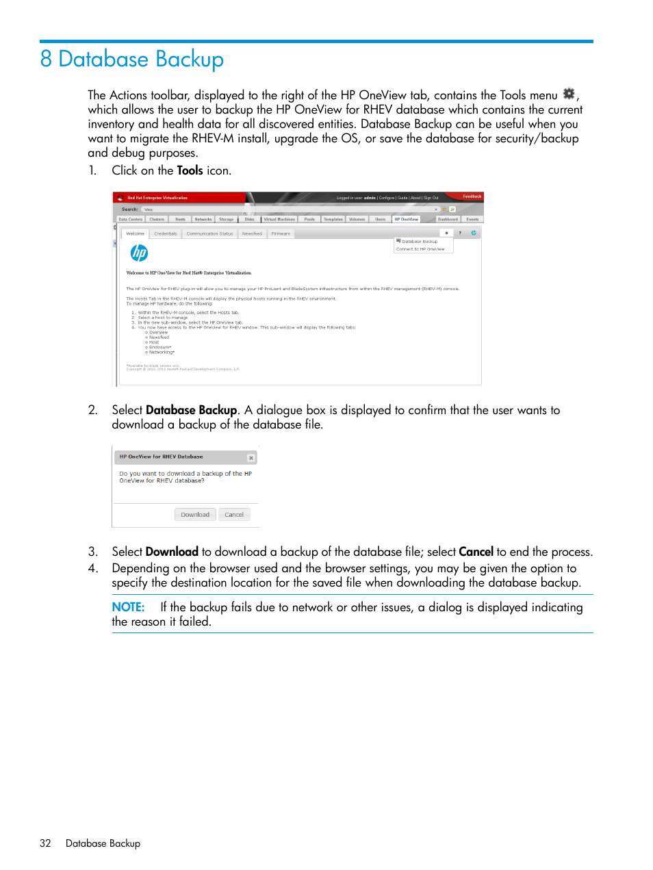 8 database backup | HP OneView for Red Hat Enterprise Virtualization User Manual | Page 32 / 45