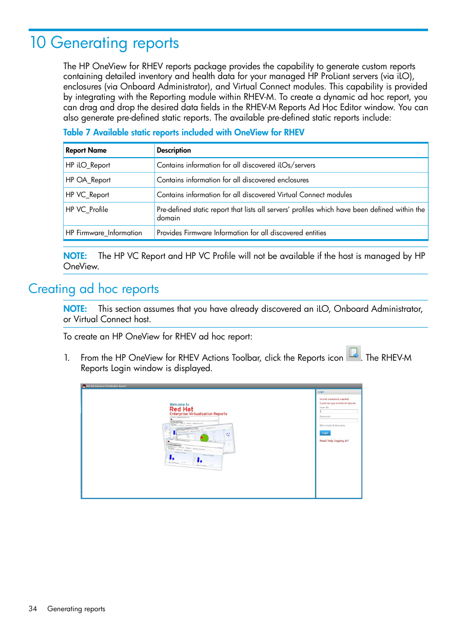 10 generating reports, Creating ad hoc reports | HP OneView for Red Hat Enterprise Virtualization User Manual | Page 34 / 45