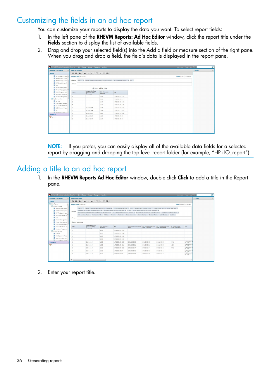 Customizing the fields in an ad hoc report, Adding a title to an ad hoc report | HP OneView for Red Hat Enterprise Virtualization User Manual | Page 36 / 45