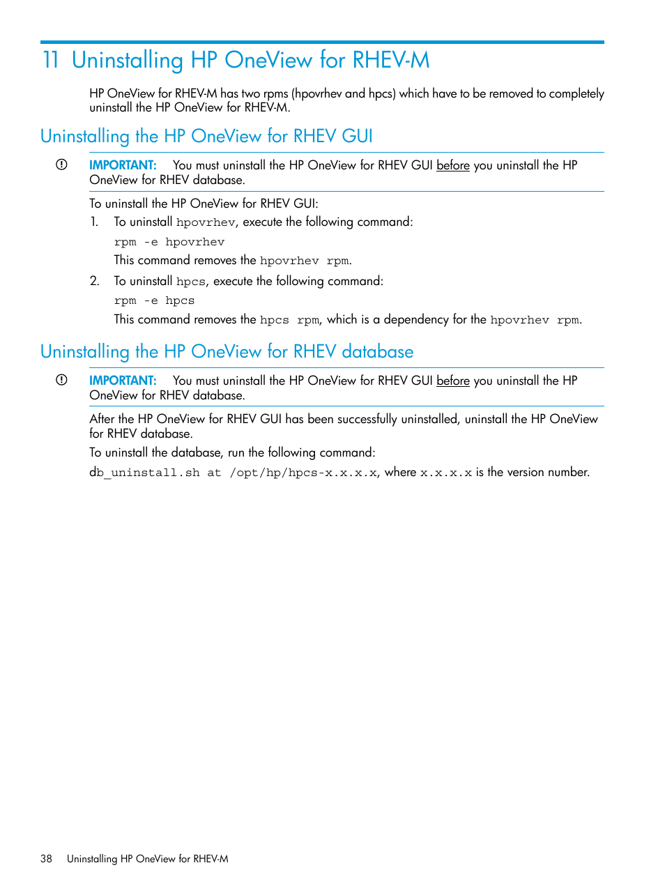 11 uninstalling hp oneview for rhev-m, Uninstalling the hp oneview for rhev gui, Uninstalling the hp oneview for rhev database | HP OneView for Red Hat Enterprise Virtualization User Manual | Page 38 / 45