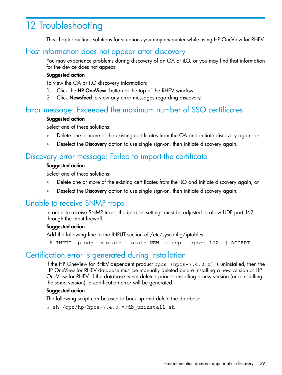 12 troubleshooting, Host information does not appear after discovery, Unable to receive snmp traps | HP OneView for Red Hat Enterprise Virtualization User Manual | Page 39 / 45