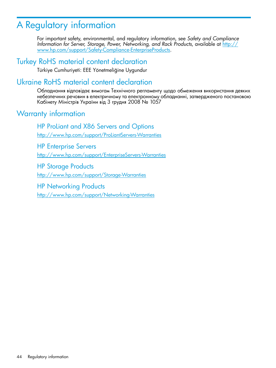 A regulatory information, Turkey rohs material content declaration, Ukraine rohs material content declaration | Warranty information | HP OneView for Red Hat Enterprise Virtualization User Manual | Page 44 / 45