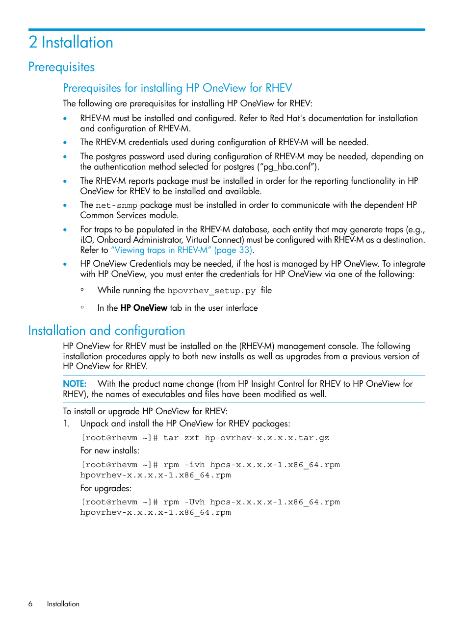 2 installation, Prerequisites, Installation and configuration | Prerequisites installation and configuration, Prerequisites for installing hp oneview for rhev | HP OneView for Red Hat Enterprise Virtualization User Manual | Page 6 / 45