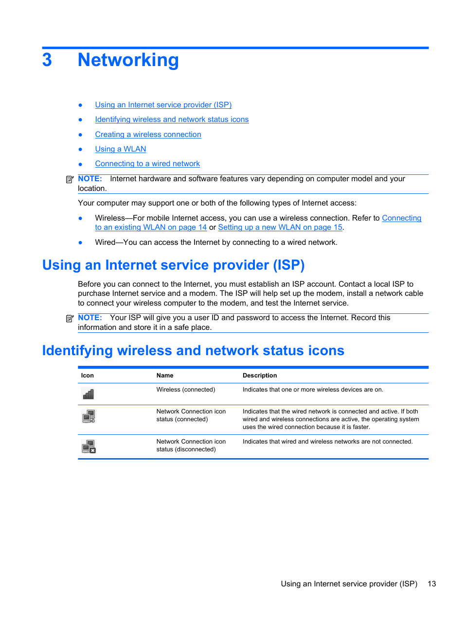 Networking, Using an internet service provider (isp), Identifying wireless and network status icons | 3 networking, 3networking | HP Mini 100e Education Edition User Manual | Page 21 / 75