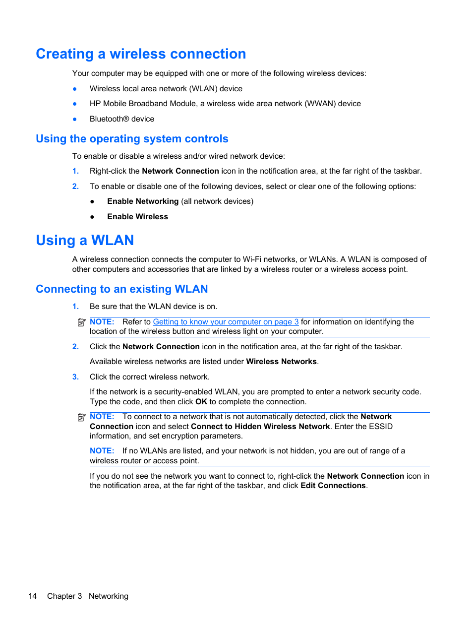 Creating a wireless connection, Using the operating system controls, Using a wlan | Connecting to an existing wlan, Connecting | HP Mini 100e Education Edition User Manual | Page 22 / 75