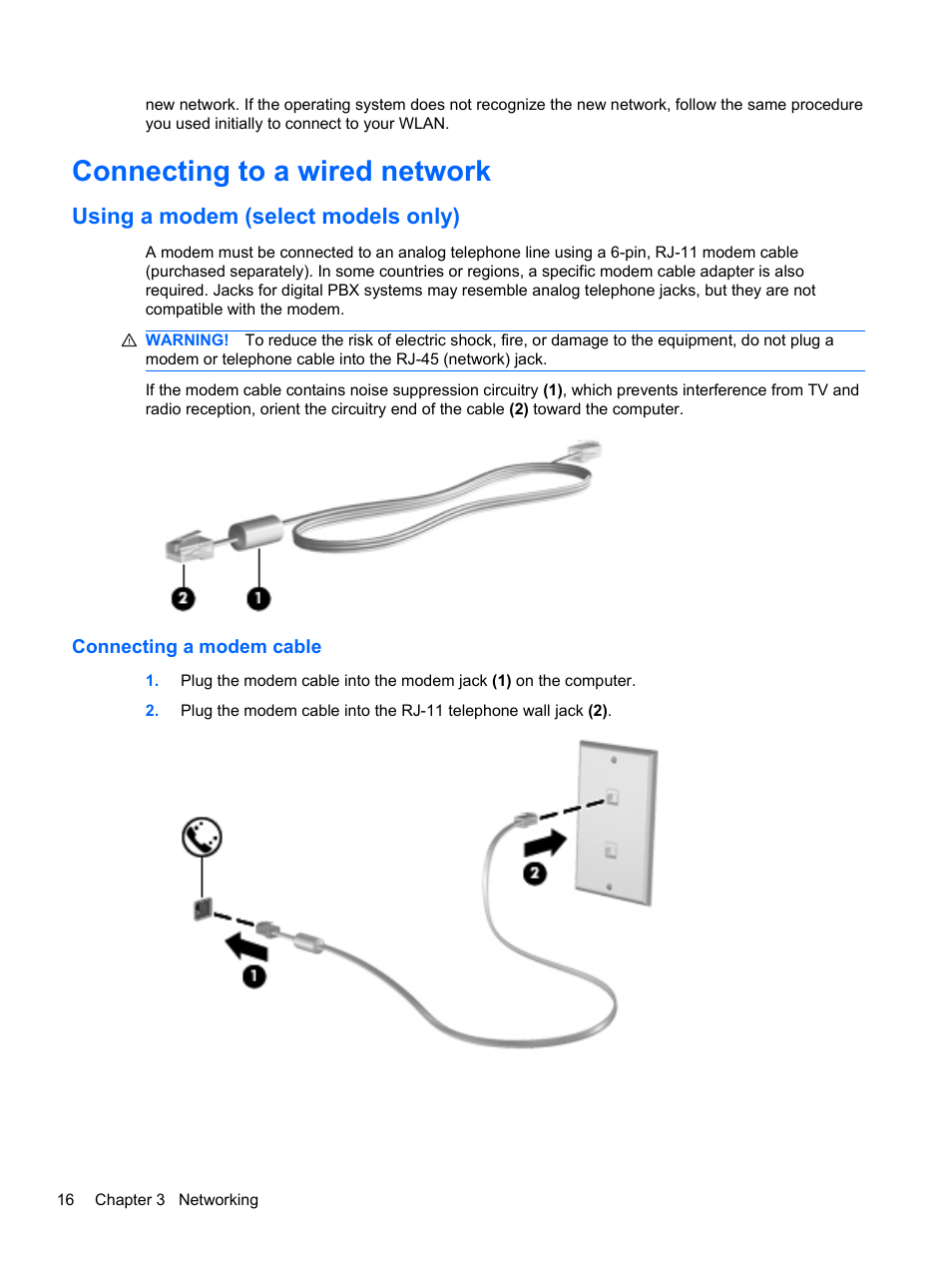 Connecting to a wired network, Using a modem (select models only), Connecting a modem cable | HP Mini 100e Education Edition User Manual | Page 24 / 75