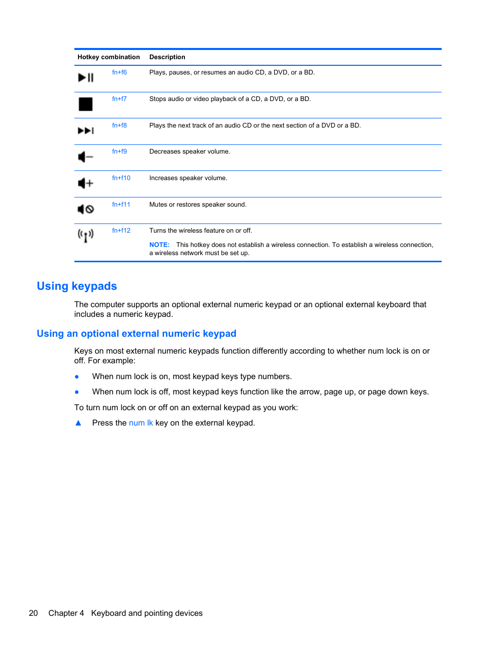 Using keypads, Using an optional external numeric keypad | HP Mini 100e Education Edition User Manual | Page 28 / 75