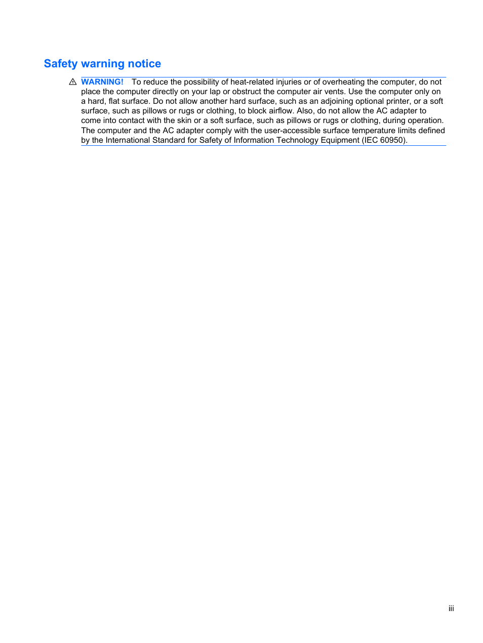Safety warning notice | HP Mini 100e Education Edition User Manual | Page 3 / 75
