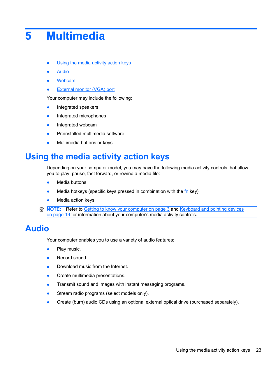 Multimedia, Using the media activity action keys, Audio | 5 multimedia, Using the media activity action keys audio, 5multimedia | HP Mini 100e Education Edition User Manual | Page 31 / 75