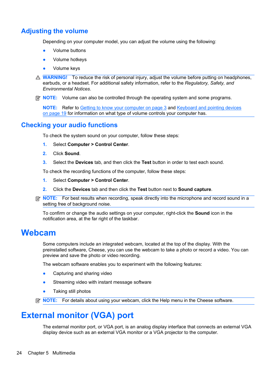 Adjusting the volume, Checking your audio functions, Webcam | External monitor (vga) port, Adjusting the volume checking your audio functions, Webcam external monitor (vga) port | HP Mini 100e Education Edition User Manual | Page 32 / 75