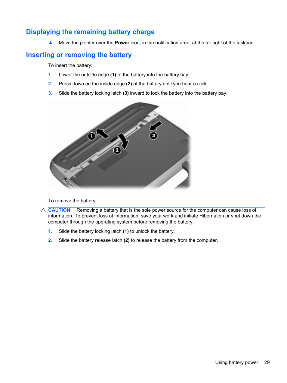 Displaying the remaining battery charge, Inserting or removing the battery | HP Mini 100e Education Edition User Manual | Page 37 / 75