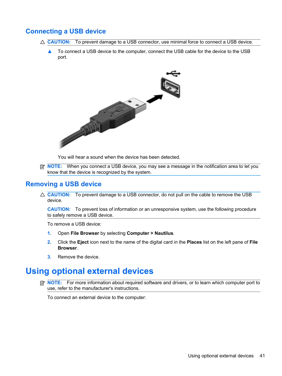 Connecting a usb device, Removing a usb device, Using optional external devices | Connecting a usb device removing a usb device | HP Mini 100e Education Edition User Manual | Page 49 / 75
