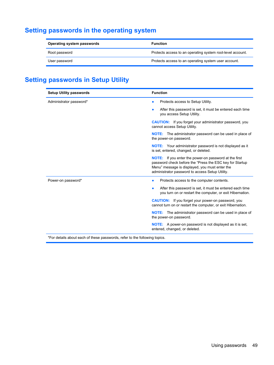 Setting passwords in the operating system, Setting passwords in setup utility | HP Mini 100e Education Edition User Manual | Page 57 / 75