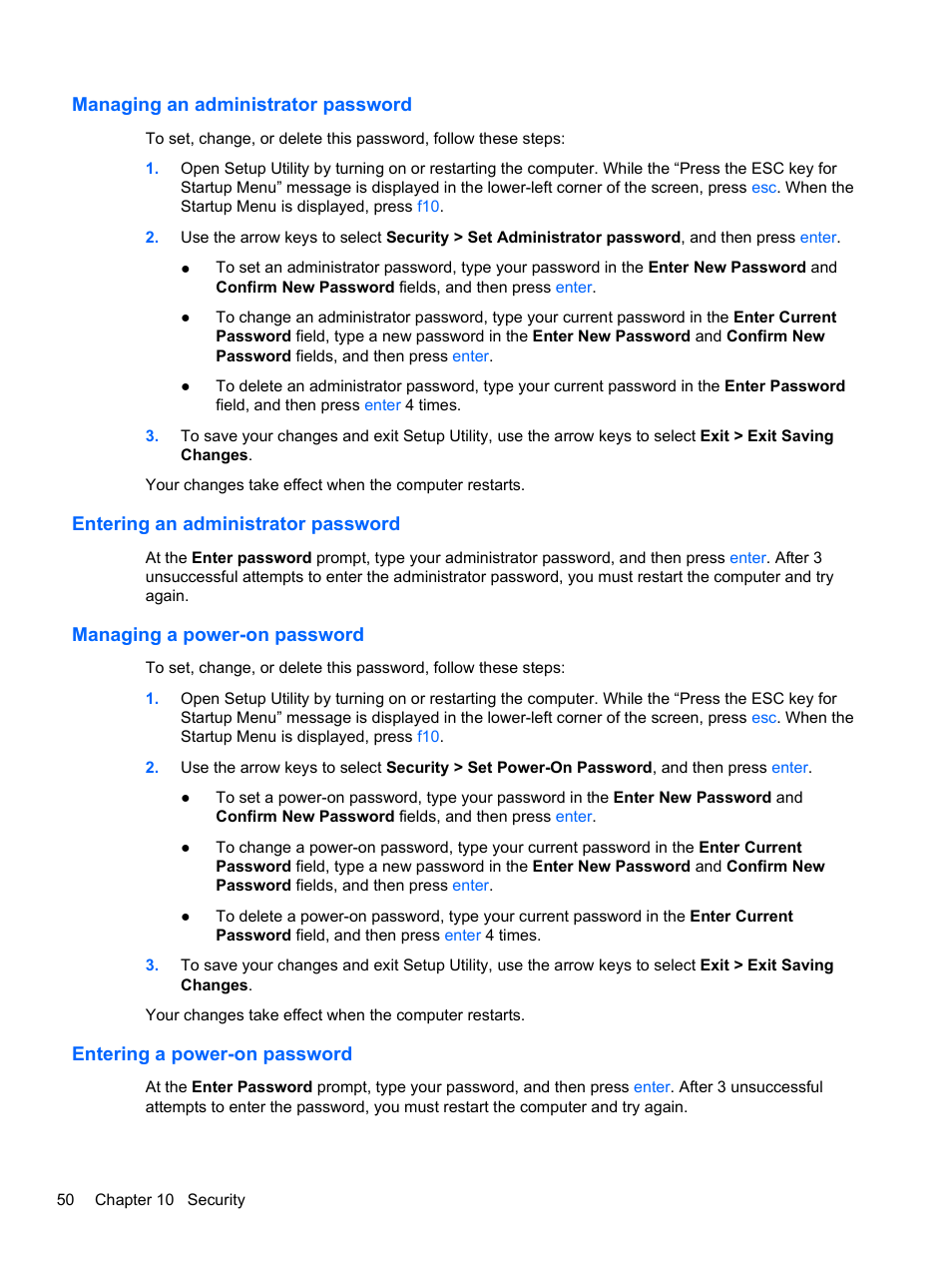 Managing an administrator password, Entering an administrator password, Managing a power-on password | Entering a power-on password | HP Mini 100e Education Edition User Manual | Page 58 / 75