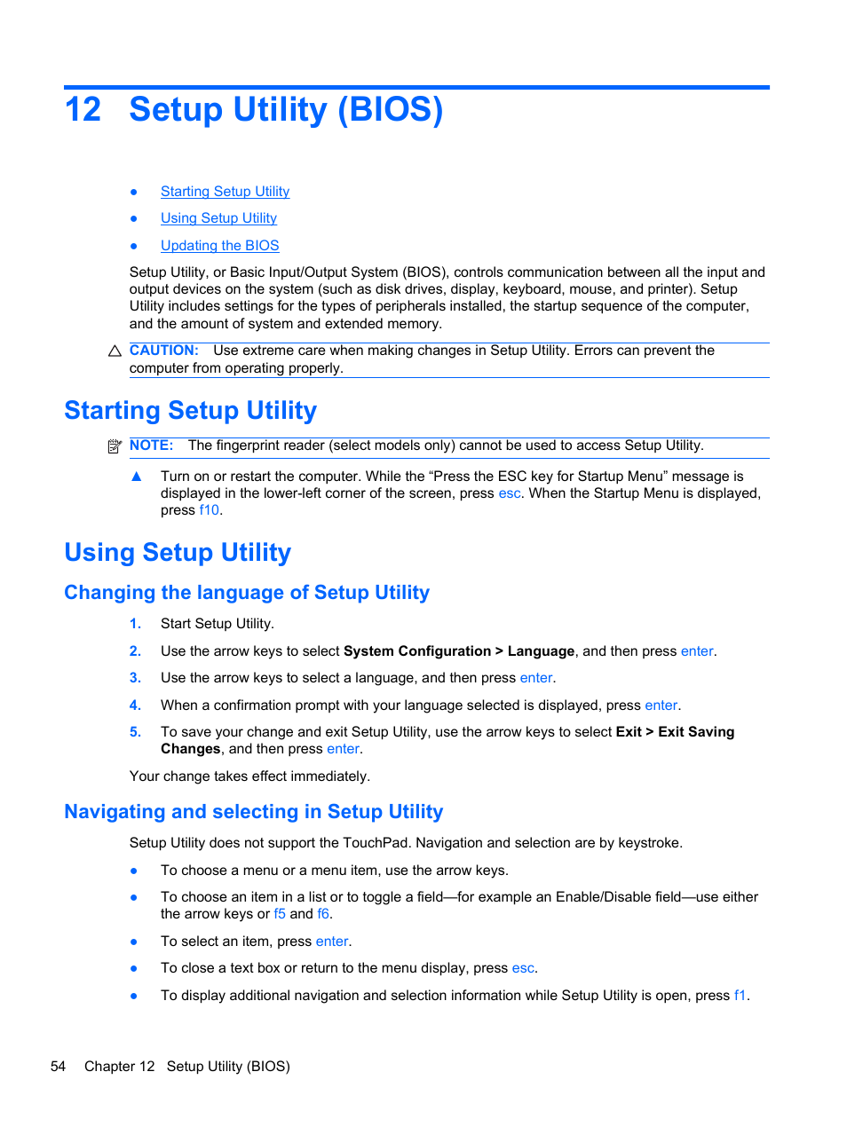 Setup utility (bios), Starting setup utility, Using setup utility | Changing the language of setup utility, Navigating and selecting in setup utility, 12 setup utility (bios), Starting setup utility using setup utility | HP Mini 100e Education Edition User Manual | Page 62 / 75