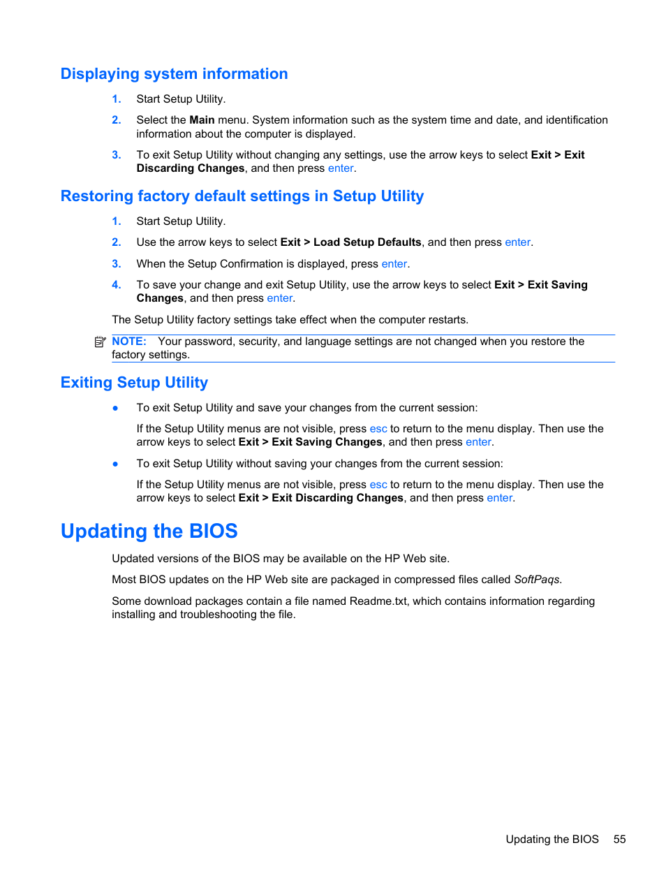 Displaying system information, Exiting setup utility, Updating the bios | HP Mini 100e Education Edition User Manual | Page 63 / 75