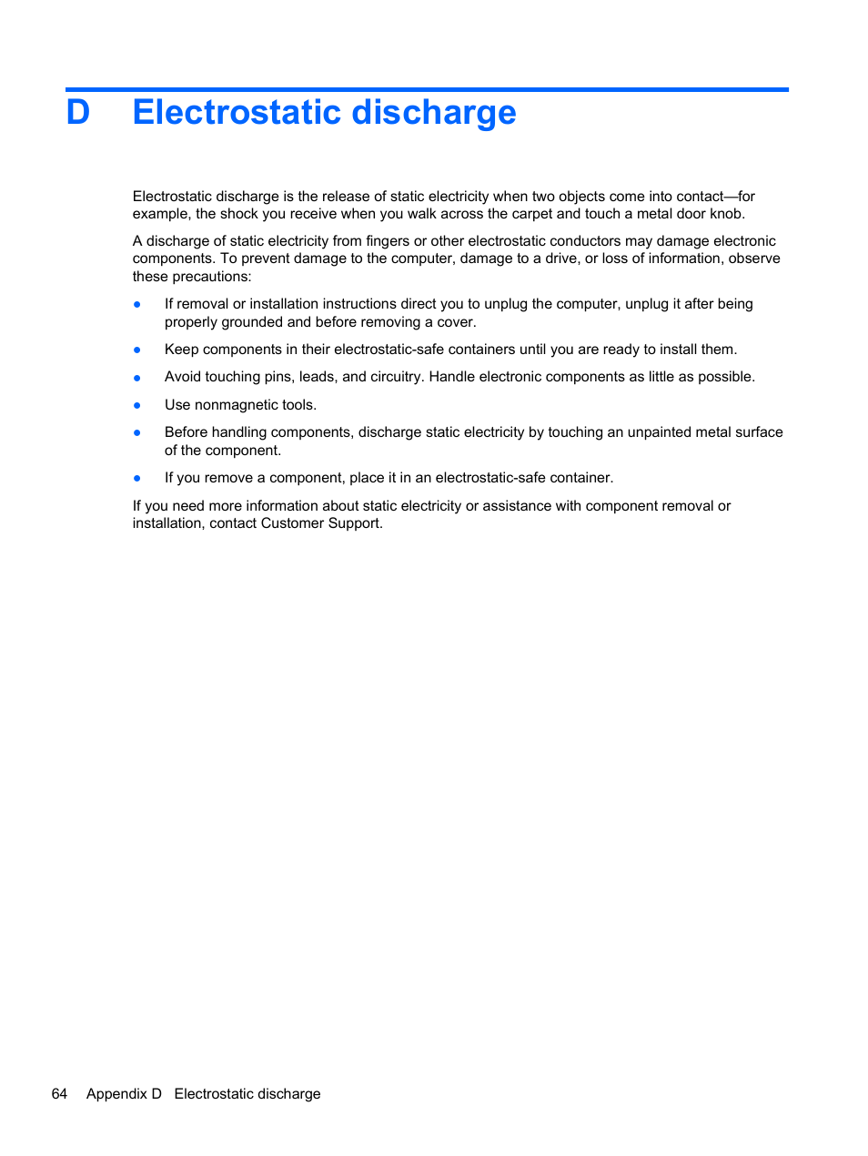 Electrostatic discharge, Appendix d electrostatic discharge, Delectrostatic discharge | HP Mini 100e Education Edition User Manual | Page 72 / 75