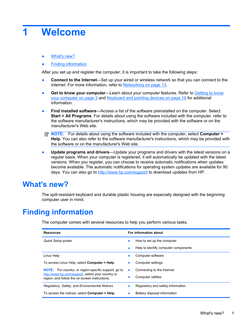 Welcome, What's new, Finding information | 1 welcome, What's new? finding information, 1welcome | HP Mini 100e Education Edition User Manual | Page 9 / 75