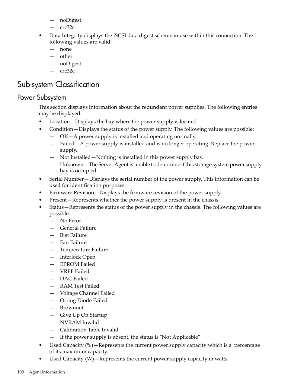 Sub-system classification, Power subsystem | HP Insight Management Agents User Manual | Page 100 / 157