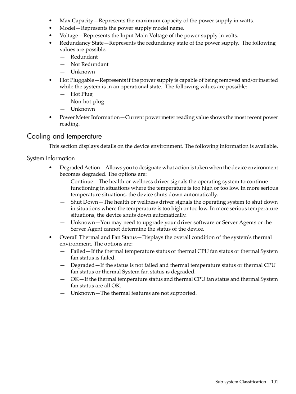 Cooling and temperature, System information | HP Insight Management Agents User Manual | Page 101 / 157