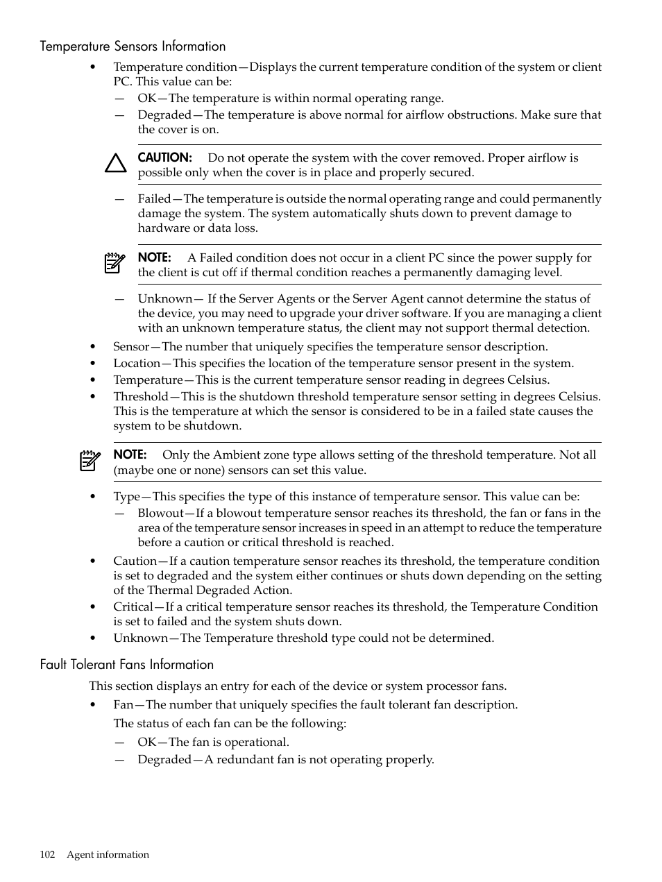 Temperature sensors information, Fault tolerant fans information | HP Insight Management Agents User Manual | Page 102 / 157