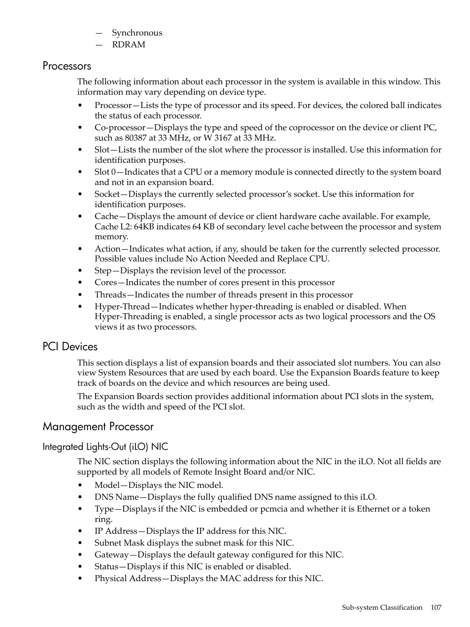 Processors, Pci devices, Management processor | Integrated lights-out (ilo) nic, Processors pci devices management processor | HP Insight Management Agents User Manual | Page 107 / 157