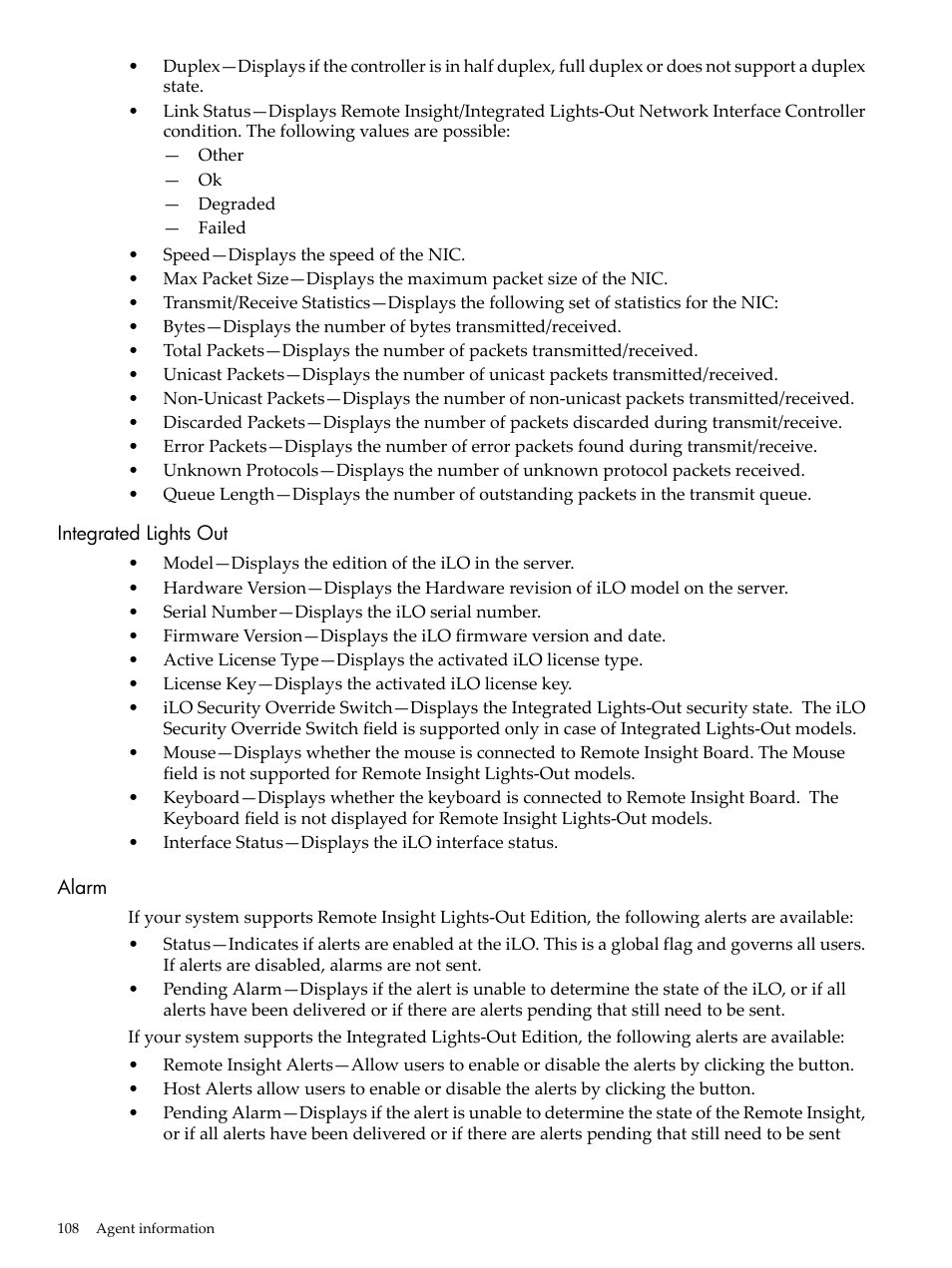 Integrated lights out, Alarm, Integrated lights out alarm | HP Insight Management Agents User Manual | Page 108 / 157