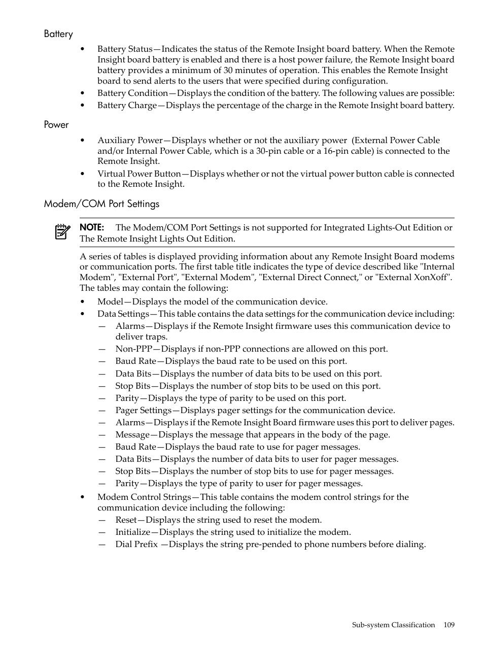 Battery, Power, Modem/com port settings | Battery power modem/com port settings | HP Insight Management Agents User Manual | Page 109 / 157