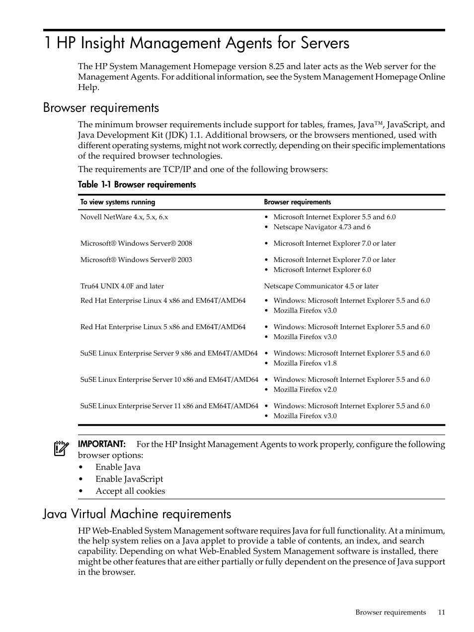 1 hp insight management agents for servers, Browser requirements, Java virtual machine requirements | HP Insight Management Agents User Manual | Page 11 / 157