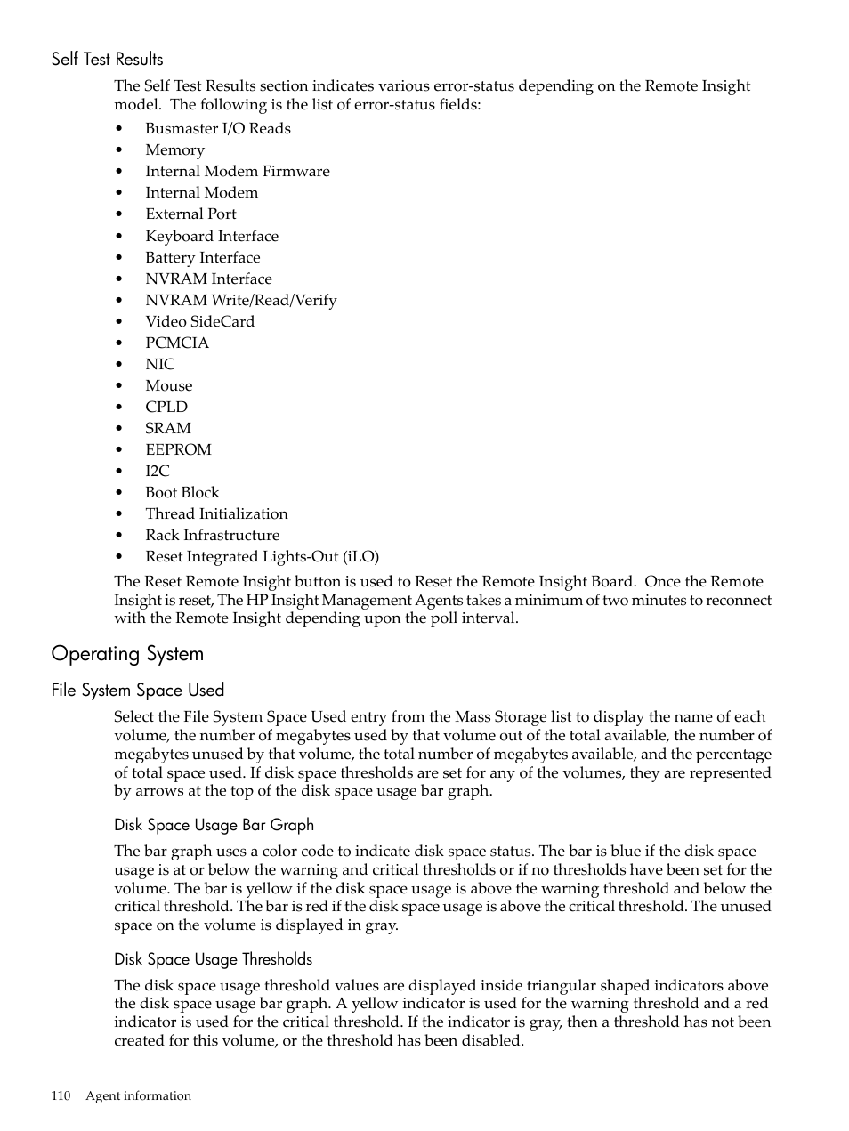 Self test results, Operating system, File system space used | Disk space usage bar graph, Disk space usage thresholds | HP Insight Management Agents User Manual | Page 110 / 157