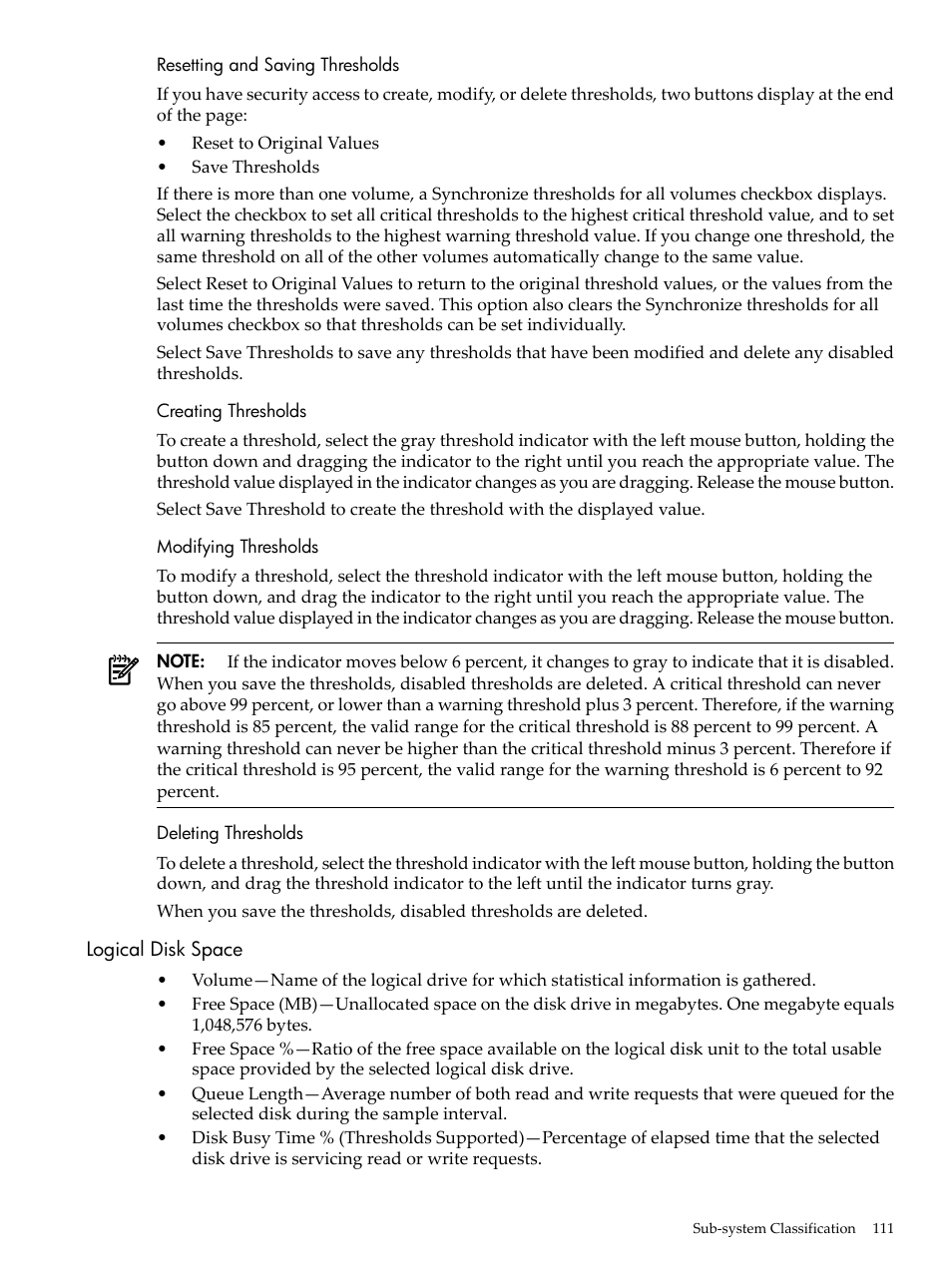 Resetting and saving thresholds, Creating thresholds, Modifying thresholds | Deleting thresholds, Logical disk space | HP Insight Management Agents User Manual | Page 111 / 157