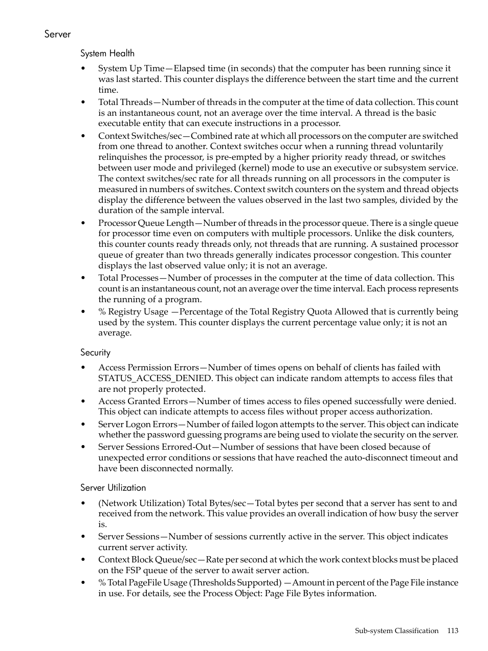 Server, System health, Security | Server utilization, System health security server utilization | HP Insight Management Agents User Manual | Page 113 / 157