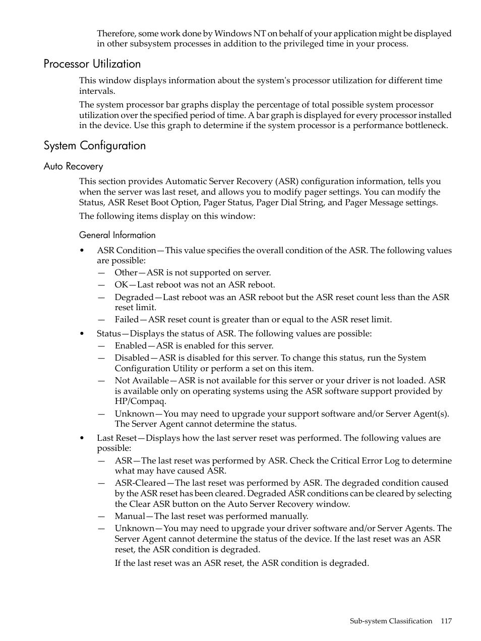 Processor utilization, System configuration, Auto recovery | General information, Processor utilization system configuration | HP Insight Management Agents User Manual | Page 117 / 157