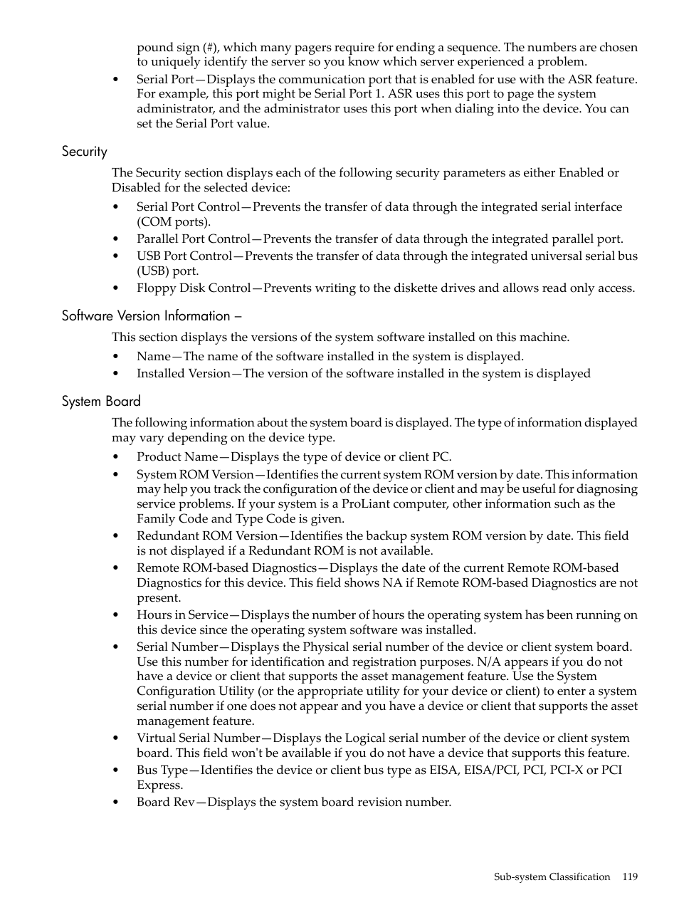 Security, Software version information, System board | HP Insight Management Agents User Manual | Page 119 / 157