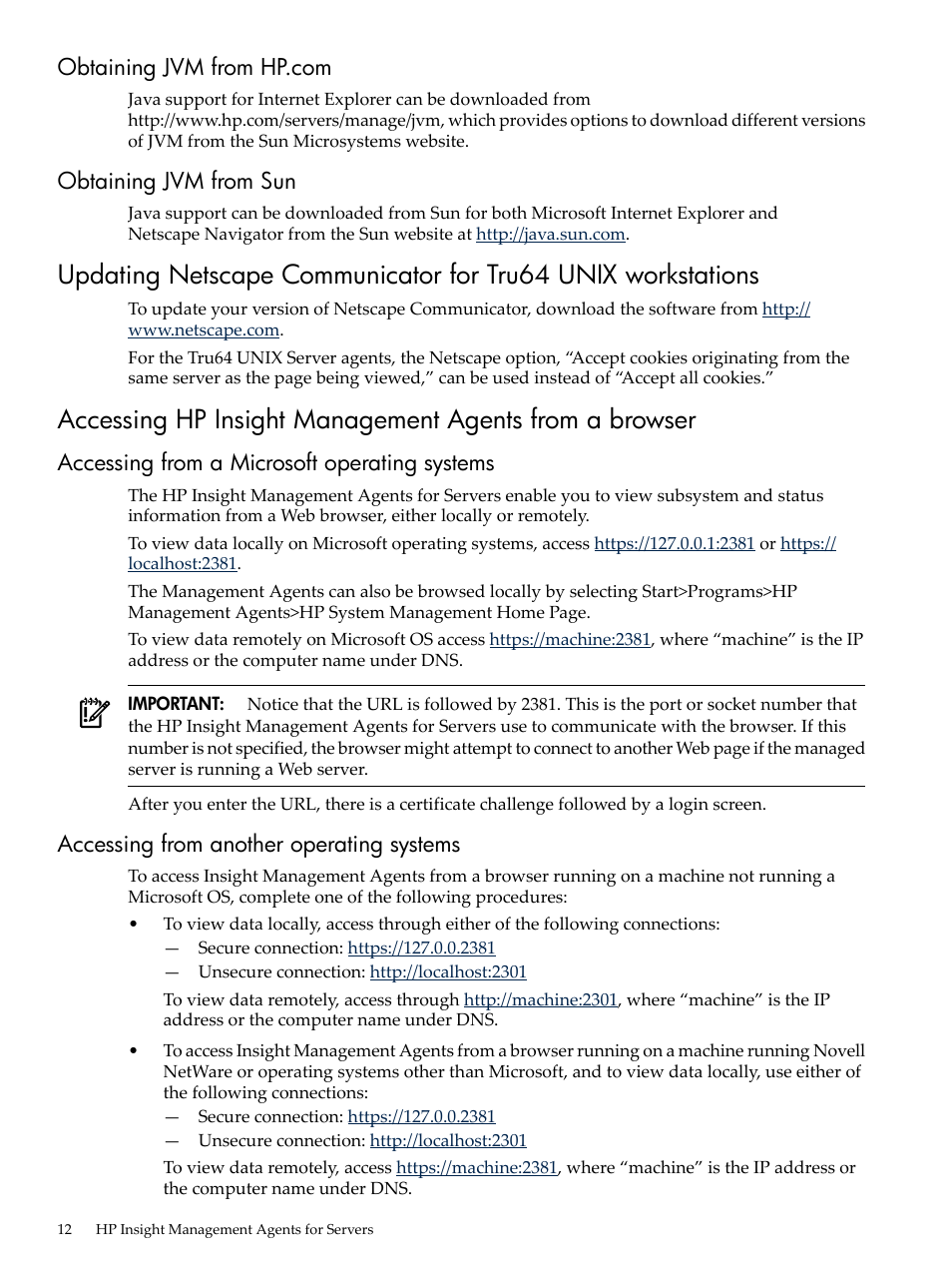 Obtaining jvm from hp.com, Obtaining jvm from sun, Accessing from a microsoft operating systems | Accessing from another operating systems, Obtaining jvm from hp.com obtaining jvm from sun | HP Insight Management Agents User Manual | Page 12 / 157