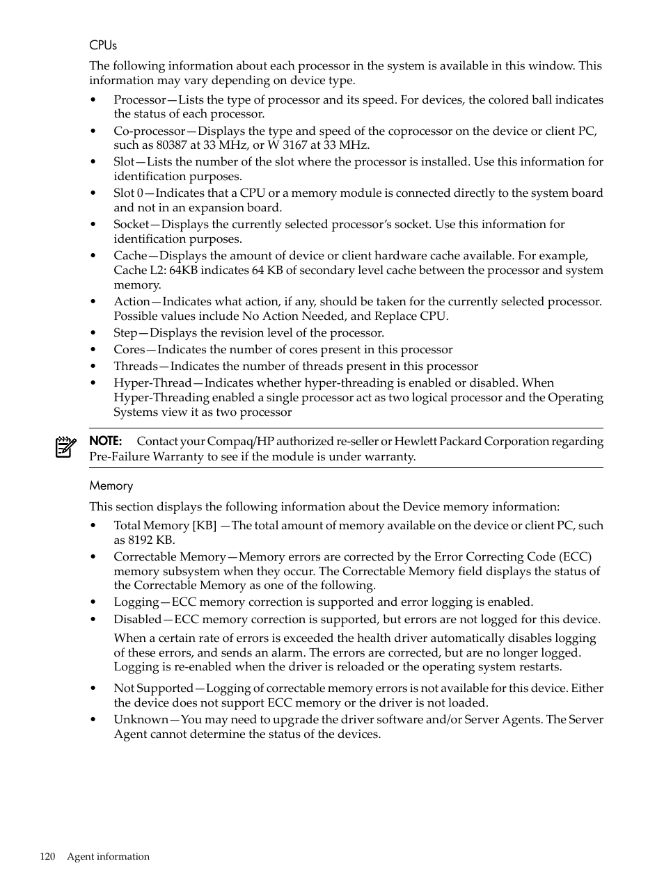 Cpus, Memory, Cpus memory | HP Insight Management Agents User Manual | Page 120 / 157