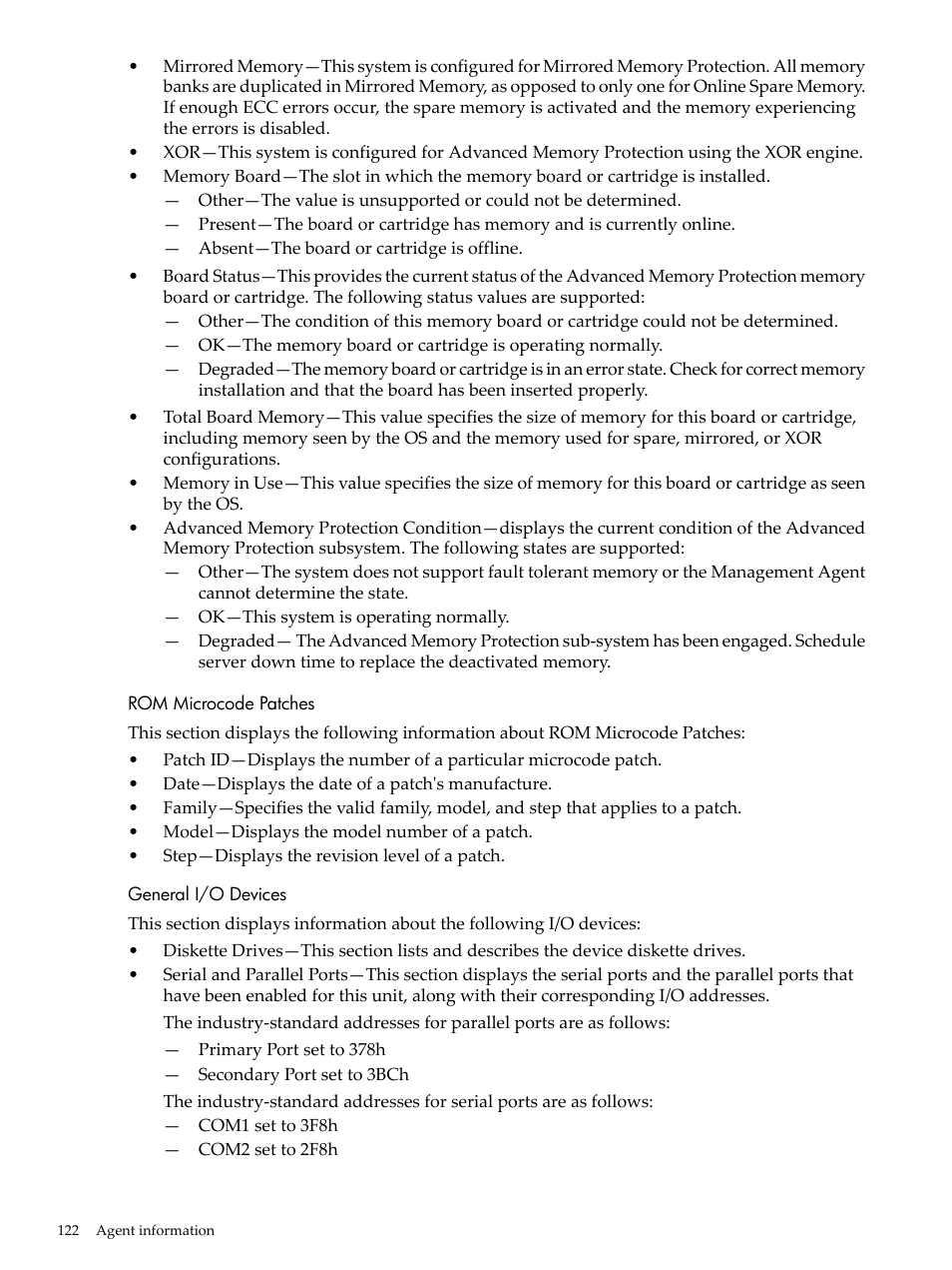 Rom microcode patches, General i/o devices, Rom microcode patches general i/o devices | HP Insight Management Agents User Manual | Page 122 / 157