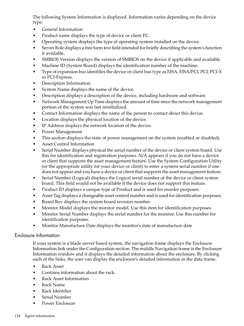 Enclosure information | HP Insight Management Agents User Manual | Page 124 / 157