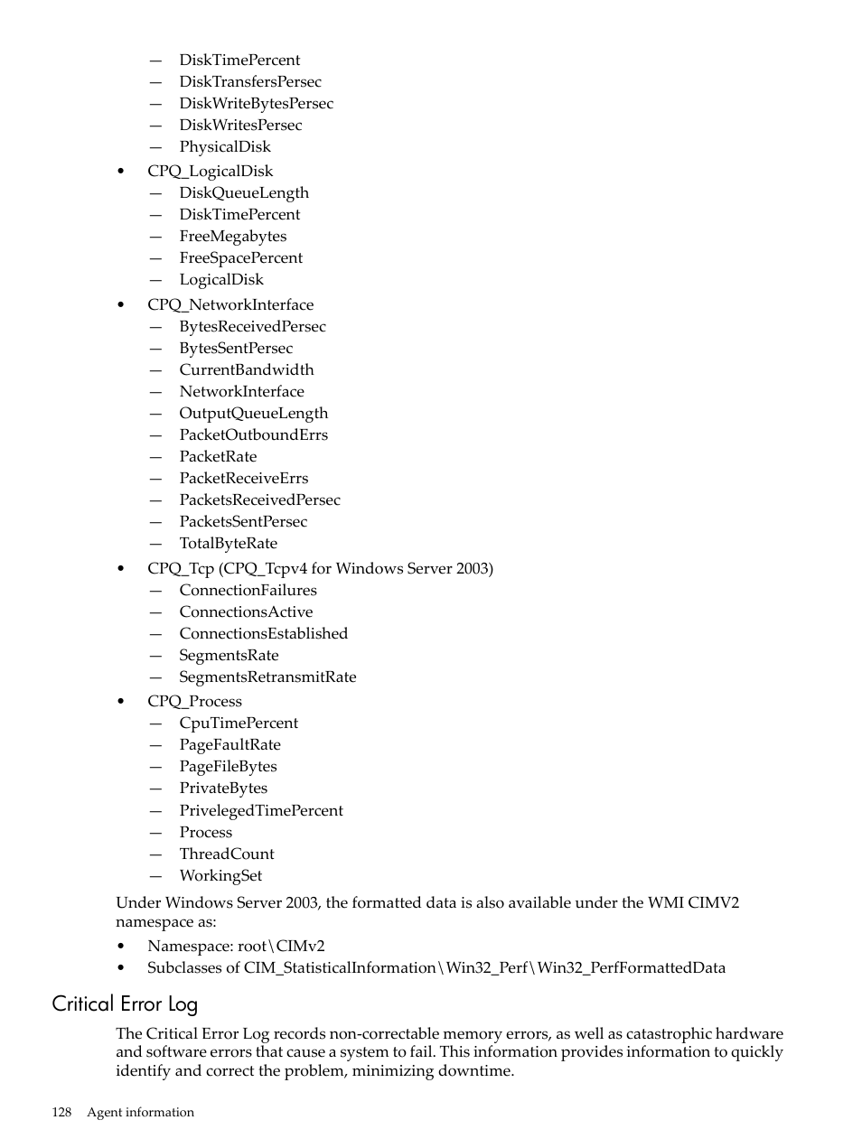 Critical error log | HP Insight Management Agents User Manual | Page 128 / 157