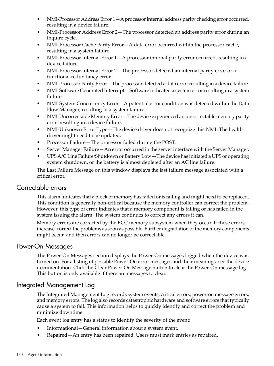 Correctable errors, Power-on messages, Integrated management log | HP Insight Management Agents User Manual | Page 130 / 157