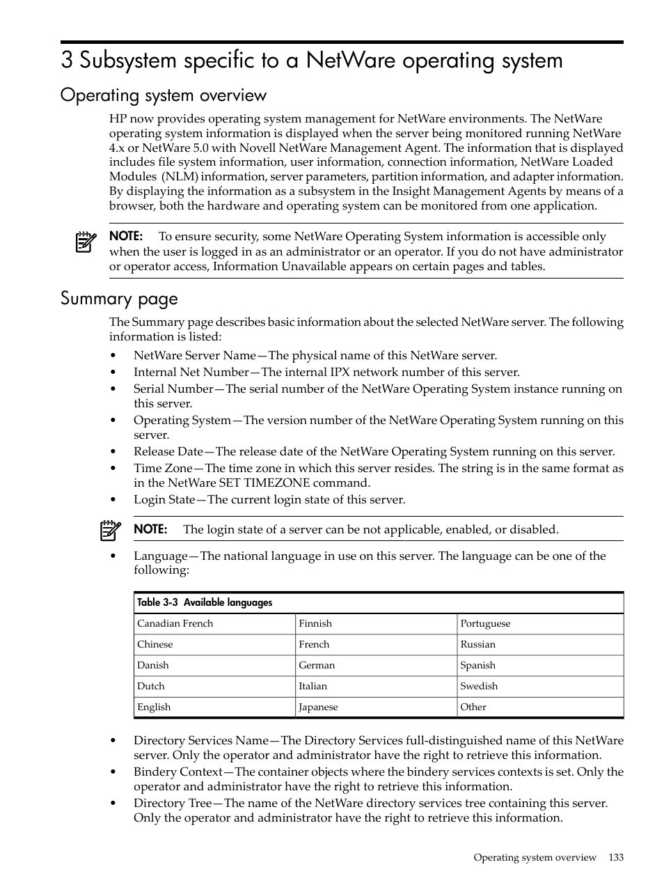 3 subsystem specific to a netware operating system, Operating system overview, Summary page | HP Insight Management Agents User Manual | Page 133 / 157