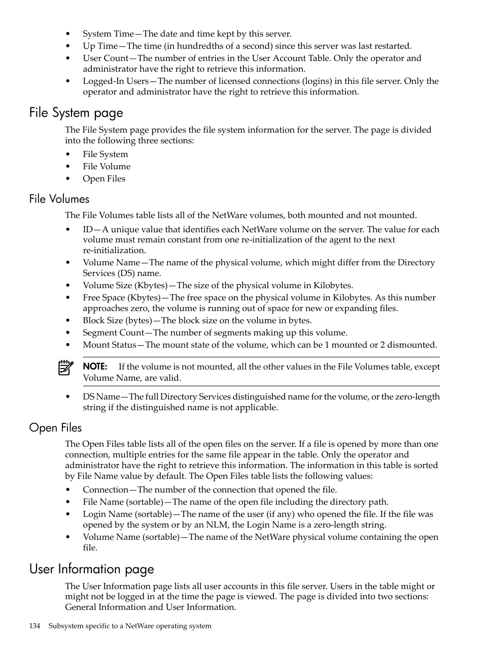 File volumes, Open files, File volumes open files | File system page, User information page | HP Insight Management Agents User Manual | Page 134 / 157