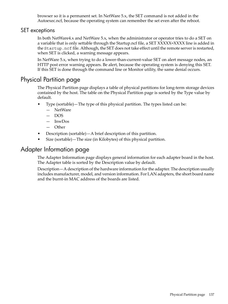 Set exceptions, Physical partition page, Adapter information page | HP Insight Management Agents User Manual | Page 137 / 157