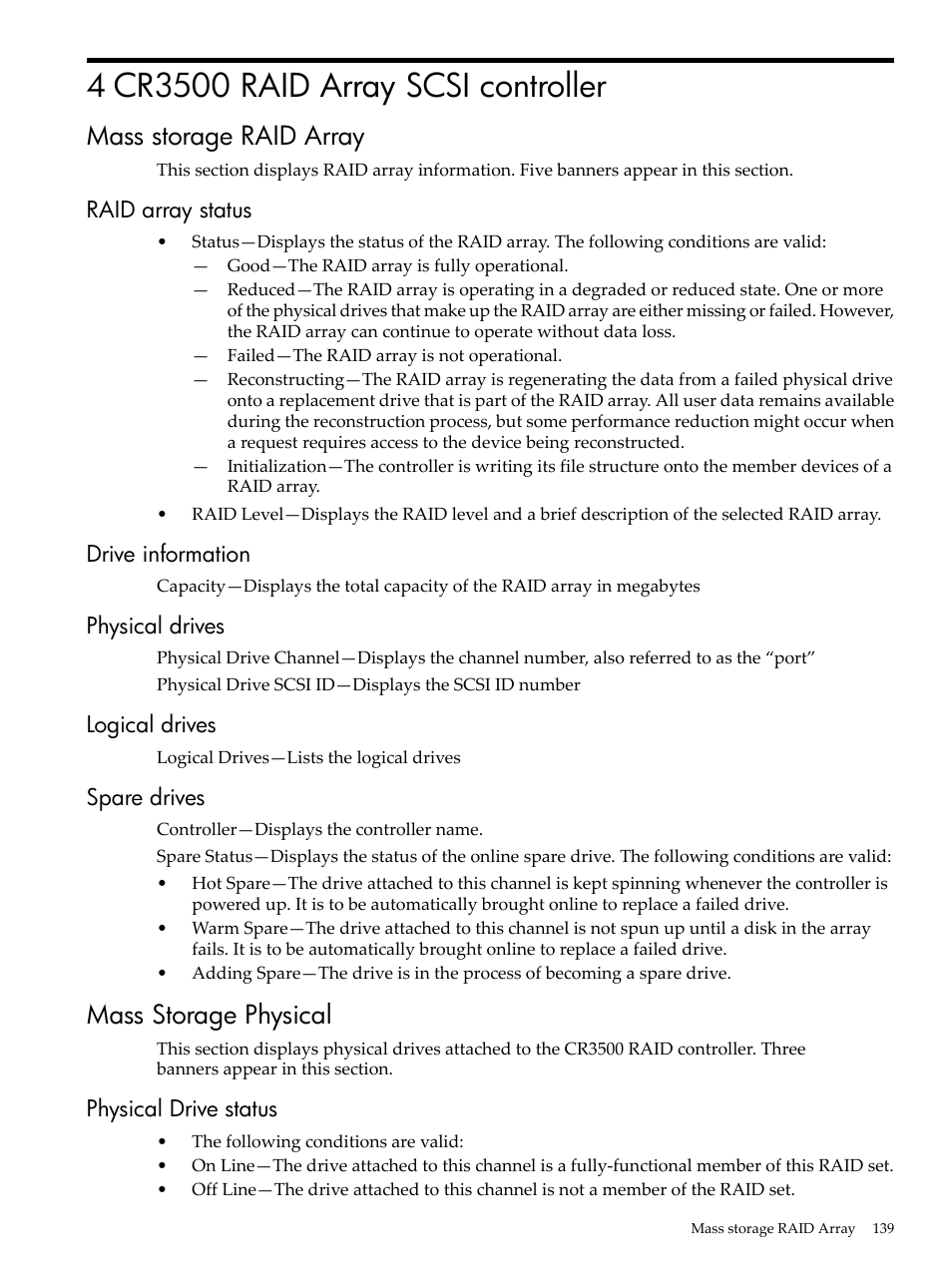 4 cr3500 raid array scsi controller, Mass storage raid array, Raid array status | Drive information, Physical drives, Logical drives, Spare drives, Mass storage physical, Physical drive status | HP Insight Management Agents User Manual | Page 139 / 157